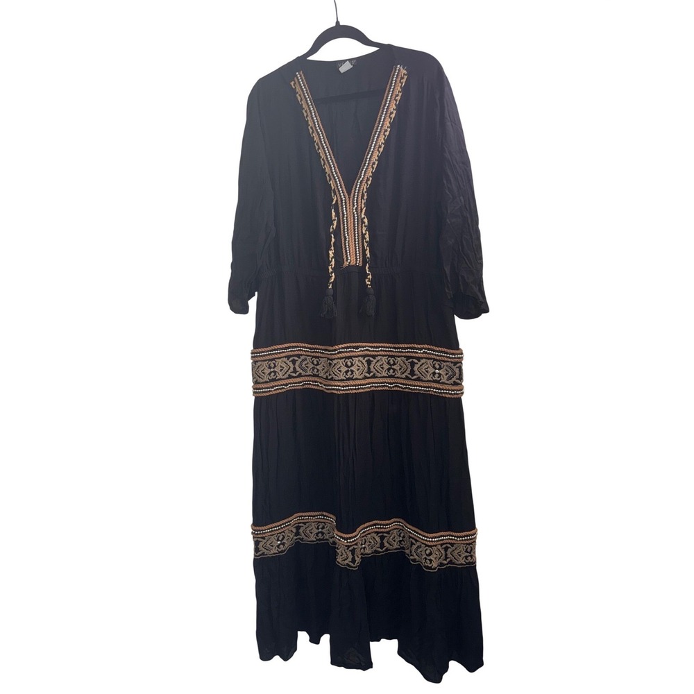 Venus Black Embroidered Tassel Boho Maxi Dress Plus Size 24 Long Sleeve Viscose